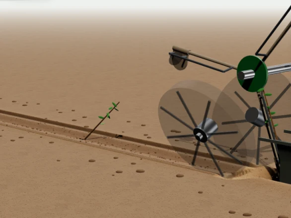 Simulering af en griber på en plantemaskine, der sætter et lille træ i en plantefure